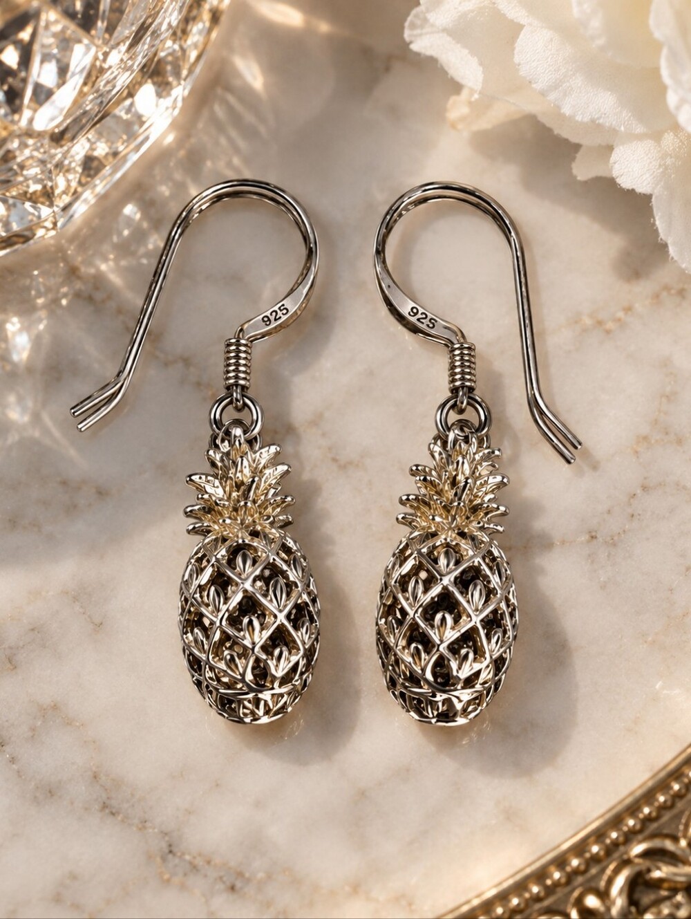 925 Sterling Silver Pineapple Drop Earrings Intricate Openwork Dangle